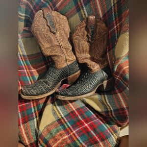 Vintage Brown and Black Caiman Vamp Cowboy Boots